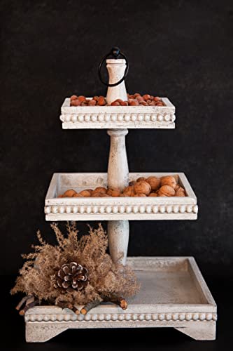 KEFO Three Tiered Beaded Tray Decor Stand - 12 x 18 Inch Large White Wooden 3 Tiered Tray Stand - Decorative Rustic Distressed 3 Tier Tray Decor Table Centerpiece - Tiered Serving Tray for Home Decor