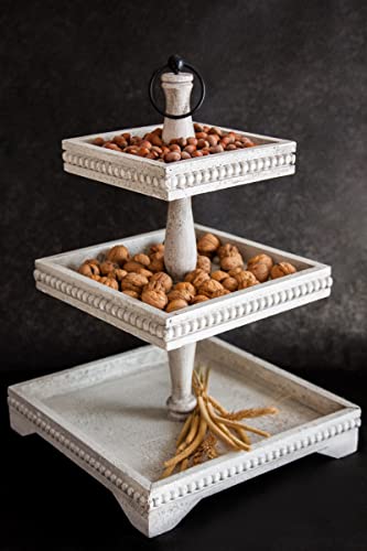 KEFO Three Tiered Beaded Tray Decor Stand - 12 x 18 Inch Large White Wooden 3 Tiered Tray Stand - Decorative Rustic Distressed 3 Tier Tray Decor Table Centerpiece - Tiered Serving Tray for Home Decor