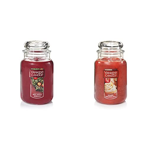 Yankee Candle Red Apple Wreath Scented, Classic 22oz Large Jar Single Wick Candle & Sugared Cinnamon Apple Scented, Classic 22oz Large Jar Single Wick Candle