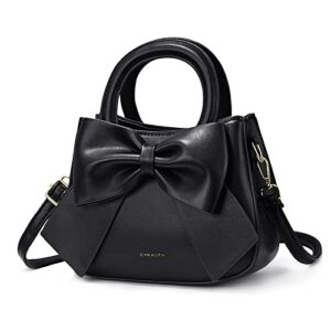 cheruty designer leather handbags and purses for women with top carry handle and cute bow knot, small and elegant satchel bags and over-shoulder strap(black)