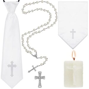 5 pieces boys first holy communion accessories boys communion set including 1 white tie 1 folded handkerchief embroidered with the cross 1 cross pin 1 pearl rosary 1 cross candle for baptism