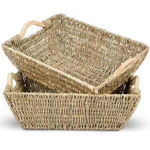 graciadeco hand woven seagrass baskets with wooden handles large natural shallow wicker storage basket for organizing irregular rectangle, 2 pack