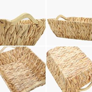 Graciadeco Hand Woven Water Hyacinth Baskets with Wooden Handles Large Natural Shallow Wicker Storage Basket for Organizing Irregular Rectangle, 2 Pack