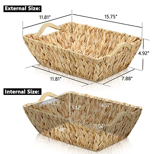 Graciadeco Hand Woven Water Hyacinth Baskets with Wooden Handles Large Natural Shallow Wicker Storage Basket for Organizing Irregular Rectangle, 2 Pack