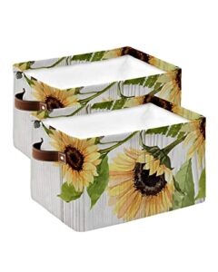waterproof fabric storage baskets 2 pack – 15″x11″x9.5″ oversized foldable toy storage box clothes storage bins for home closet – sunflower oil painting and vintage wood grain