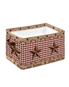 waterproof fabric storage baskets 1 pack – 15″x11″x9.5″ oversized foldable toy storage box clothes storage bins for home closet – western texas star bless our home red plaid rustic barn wood plank