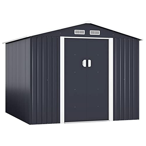 JAXPETY 8 x 8 FT Outdoor Storage Shed Metal Garden Sheds & Outdoor Storage with Sliding Doors for Backyard, Patio, Lawn (Gray, 8'x8')