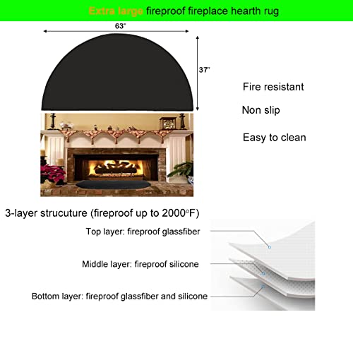 63″x37″ Extra Large Extra Thick Half Round Fireproof Fireplace Mat Hearth Rug - Fire Flame Resistant Floor Covering Protection Pad Non-Slip Floor Protector - Fire Retardant Fiberglass Carpet