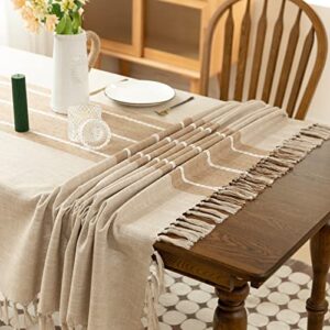 INUTOWA Handmade Tassels Tablecloth Embroidery Burlap Linen - Heavy Duty Wrinkle Free Rectangle Table Cloth for 6 Foot Tables Rustic Farmhouse Tablecloths for Outdoor Party Kitchen Coffee 55x86