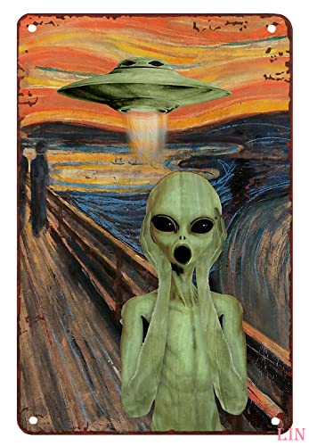 UFO Home Decor UFO Alien Screaming Tin Sign Chic Art Wall Metal Decorations Funny Iron Plaque Signs Gift for Room Bar Office 8x12 inch