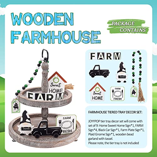 JOYYPOP Tiered Tray Decor, 9Pcs Farmhouse Decor with Wooden Sign and Beads Garland for Home Kitchen Decorations