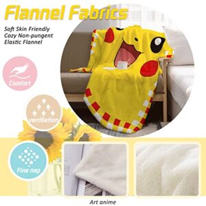 Yellow Cartoon Eyes Throw Blanket 50x60inch Pika Flannel Blanket for Couch Bedroom Sofa Office Outdoor Commemorate Design for Japanese Anime Fans