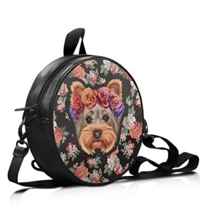 SCRAWLGOD Women Round Satchel Bag Yorkshire Terrier Dog Floral Print Small Crossbody Bags Cell Phone Purse Clutch Messenger Shoulder Handbag