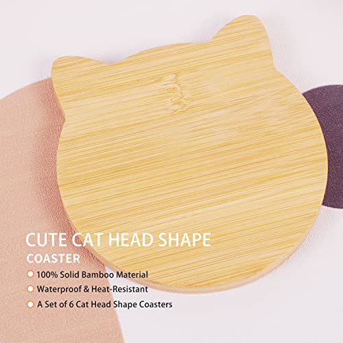 Baveke Bamboo Crafted Unique Adorable Cat Shaped Coasters Set of 6 for Bar Dining Table Kitchen Home Décor - 5.3 Inches, Natural