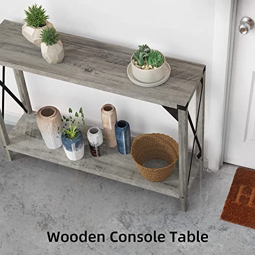 Amyove Farmhouse Entryway Table, 43" Grey Console Table, 2-Tier Wood Sofa Table with Shelf, Behind Couch Table, Console Tables for Entryway, Living Room, Hallway, Foyer