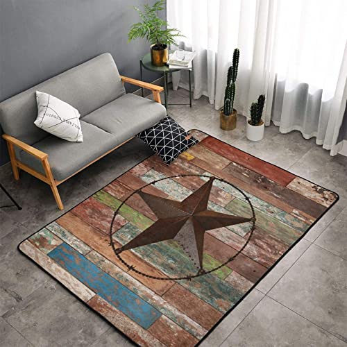 Minalo Large Area Rug Decorative Covering Floor,Rustic Wood Door with Southwestern Texas Star Garage Barn Farmhouse,Non Slip Washable Indoor Doormat Soft Area Rugs for Living Room Bedroom 5 x 7Ft