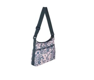 lesportsac rooks and roses large hobo crossbody bag, style 3710/color e483, slate blue whimsical roses, graceful branches & leaves artfully arranged on pearlized pastel pink bag