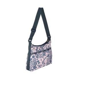 LeSportsac Rooks and Roses Large Hobo Crossbody Bag, Style 3710/Color E483, Slate Blue Whimsical Roses, Graceful Branches & Leaves Artfully Arranged on Pearlized Pastel Pink Bag
