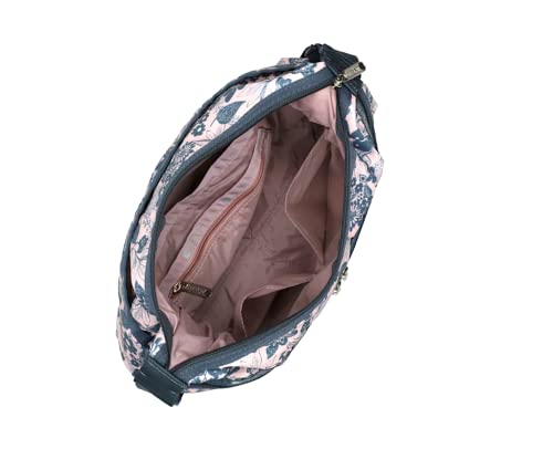 LeSportsac Rooks and Roses Large Hobo Crossbody Bag, Style 3710/Color E483, Slate Blue Whimsical Roses, Graceful Branches & Leaves Artfully Arranged on Pearlized Pastel Pink Bag