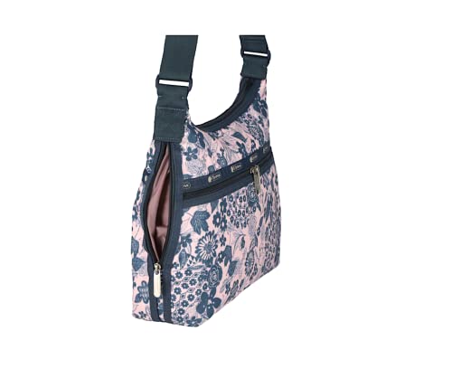 LeSportsac Rooks and Roses Large Hobo Crossbody Bag, Style 3710/Color E483, Slate Blue Whimsical Roses, Graceful Branches & Leaves Artfully Arranged on Pearlized Pastel Pink Bag