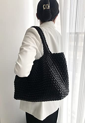 Woven Bag for Women, Vegan Leather Tote Bag Large Summer Beach Travel Handbag and Purse Retro Handmade Shoulder Bag (Black)