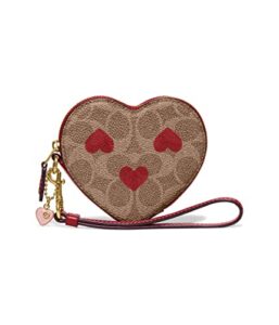 coach canvas signature with heart print heart wristlet tan red apple one size
