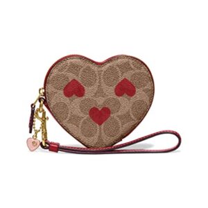 COACH Canvas Signature with Heart Print Heart Wristlet Tan Red Apple One Size