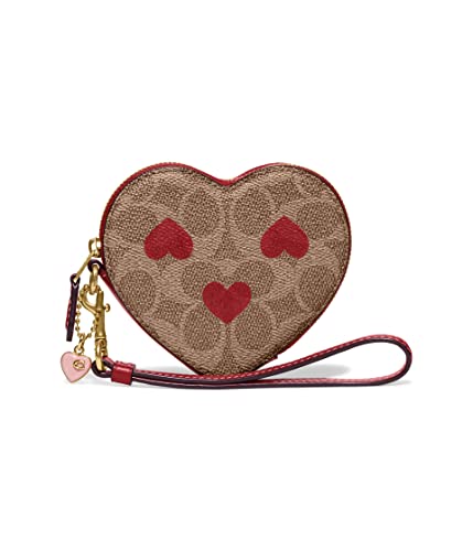 COACH Canvas Signature with Heart Print Heart Wristlet Tan Red Apple One Size