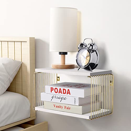 Filano Floating Nightstand 2 Tier Modern Geometric White Nightstand Wall Mounted Nightstand Bedside Shelf Floating Shelves for Bedroom Living Room White