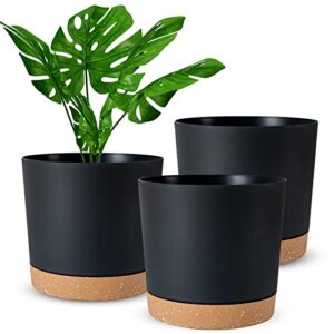 whonline 3 pack 8″ plant pots indoor, black plastic flower pots with drainage holes and saucers, modern planters for indoor plants, succulents, flowers, outdoor clearance