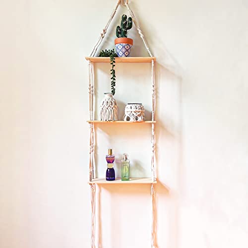 M MANUAL Macrame Wall Hanging Shelf - 3 Tier Wall Shelves Boho Wall Decor Storage Shelf Plant Shelf Bookshelf for Bathroom Bedroom Living Room Handmade Boho Home Decor