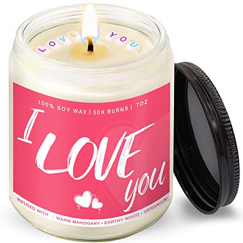 I Love You Candle Gifts | Warm Mahogany | Earthy Wood | Geranium Scented Soy Wax Candle Romantic Valentines Day Gifts for her/him/mom