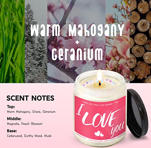 I Love You Candle Gifts | Warm Mahogany | Earthy Wood | Geranium Scented Soy Wax Candle Romantic Valentines Day Gifts for her/him/mom