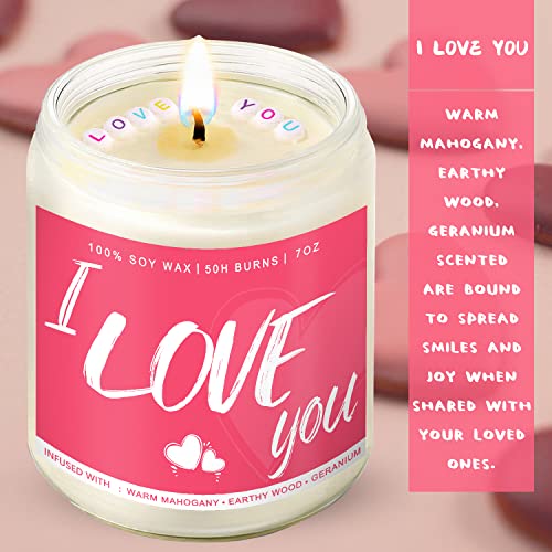 I Love You Candle Gifts | Warm Mahogany | Earthy Wood | Geranium Scented Soy Wax Candle Romantic Valentines Day Gifts for her/him/mom