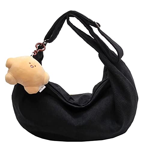 Mudono Hobo Bag for Girls Corduroy Shoulder Bag Large Capacity Crossbody Purse Lightweight Crescent Satchel with Cute Pendant