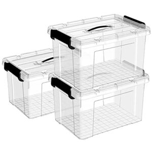 cetomo 15l*3 plastic storage box tote organizing container with durable lid and secure latching buckles, stackable and nestable, 3pack, clear with black buckle
