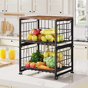 1easylife counter basket wire basket with wood top, 2 tier stackable pantry organization and storage baskets metal mesh bin tiered basket for countertop, cabinet, pantry, kitchen (black)