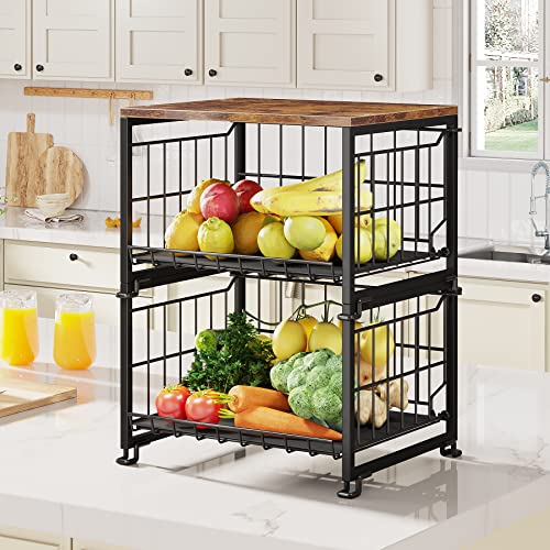 1Easylife Counter Basket Wire Basket with Wood Top, 2 Tier Stackable Pantry Organization and Storage Baskets Metal Mesh Bin Tiered basket for Countertop, Cabinet, Pantry, Kitchen (Black)