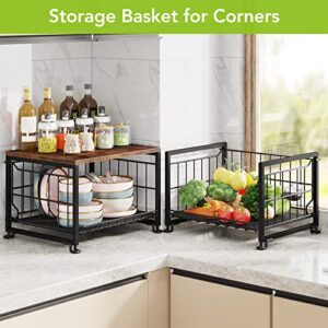 1Easylife Counter Basket Wire Basket with Wood Top, 2 Tier Stackable Pantry Organization and Storage Baskets Metal Mesh Bin Tiered basket for Countertop, Cabinet, Pantry, Kitchen (Black)