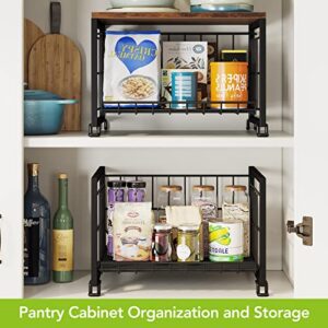 1Easylife Counter Basket Wire Basket with Wood Top, 2 Tier Stackable Pantry Organization and Storage Baskets Metal Mesh Bin Tiered basket for Countertop, Cabinet, Pantry, Kitchen (Black)