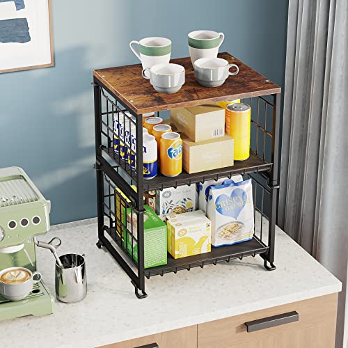 1Easylife Counter Basket Wire Basket with Wood Top, 2 Tier Stackable Pantry Organization and Storage Baskets Metal Mesh Bin Tiered basket for Countertop, Cabinet, Pantry, Kitchen (Black)