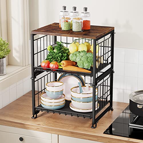 1Easylife Counter Basket Wire Basket with Wood Top, 2 Tier Stackable Pantry Organization and Storage Baskets Metal Mesh Bin Tiered basket for Countertop, Cabinet, Pantry, Kitchen (Black)