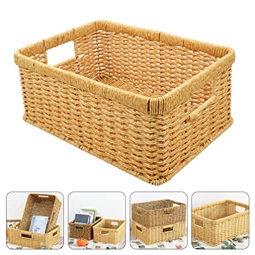 OUNONA Wicker Baskets for Shelves Toilet Paper Basket Rectangular Rattan Baskets with Built-in Handles Hand-woven Water Hyacinth Storage Baskets - Khaki