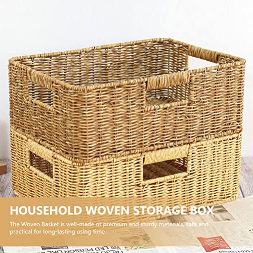 OUNONA Wicker Baskets for Shelves Toilet Paper Basket Rectangular Rattan Baskets with Built-in Handles Hand-woven Water Hyacinth Storage Baskets - Khaki