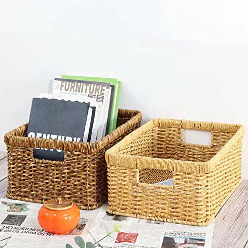 OUNONA Wicker Baskets for Shelves Toilet Paper Basket Rectangular Rattan Baskets with Built-in Handles Hand-woven Water Hyacinth Storage Baskets - Khaki