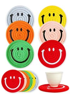teelink 6pcs funny coasters for drinks absorbent, 4.72” woven drink coasters set, heat resistant, cute smiley coasters for office desk, table protection, home decor, housewarming gift, 6 colors