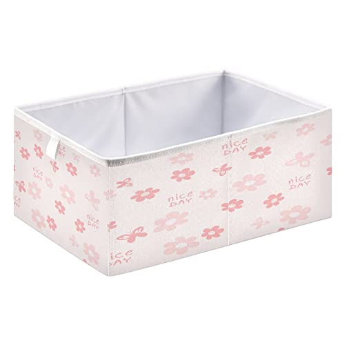 Kigai Pink Butterfly Daisy Storage Baskets, 16x11x7 in Collapsible Fabric Storage Bins Organizer Rectangular Storage Box for Shelves, Closets, Laundry, Nursery, Home Decor