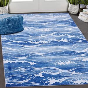 rugsreal throw area rug 4×6 indoor outdoor washable rug non slip low pile rug non-shedding ocean wave pattern carpet for living room bedroom kitchen home decor, 4′ x 6′ blue