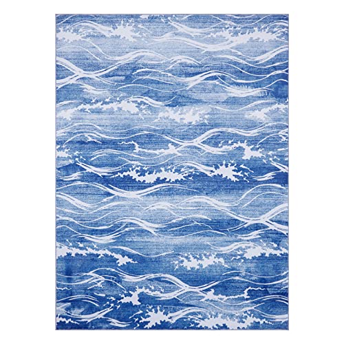RUGSREAL Throw Area Rug 4x6 Indoor Outdoor Washable Rug Non Slip Low Pile Rug Non-Shedding Ocean Wave Pattern Carpet for Living Room Bedroom Kitchen Home Decor, 4' x 6' Blue
