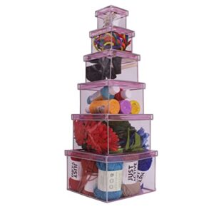 stackable pink clear cube organizer, set of 6 transparent box with lids assorted sizes, nesting storage